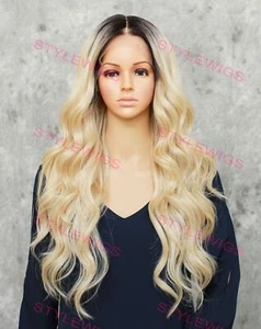 Light Blonde Rooted Long Body Waves Heat OK Lace Front Human Hair Blend Wig EVGE - Picture 1 of 10