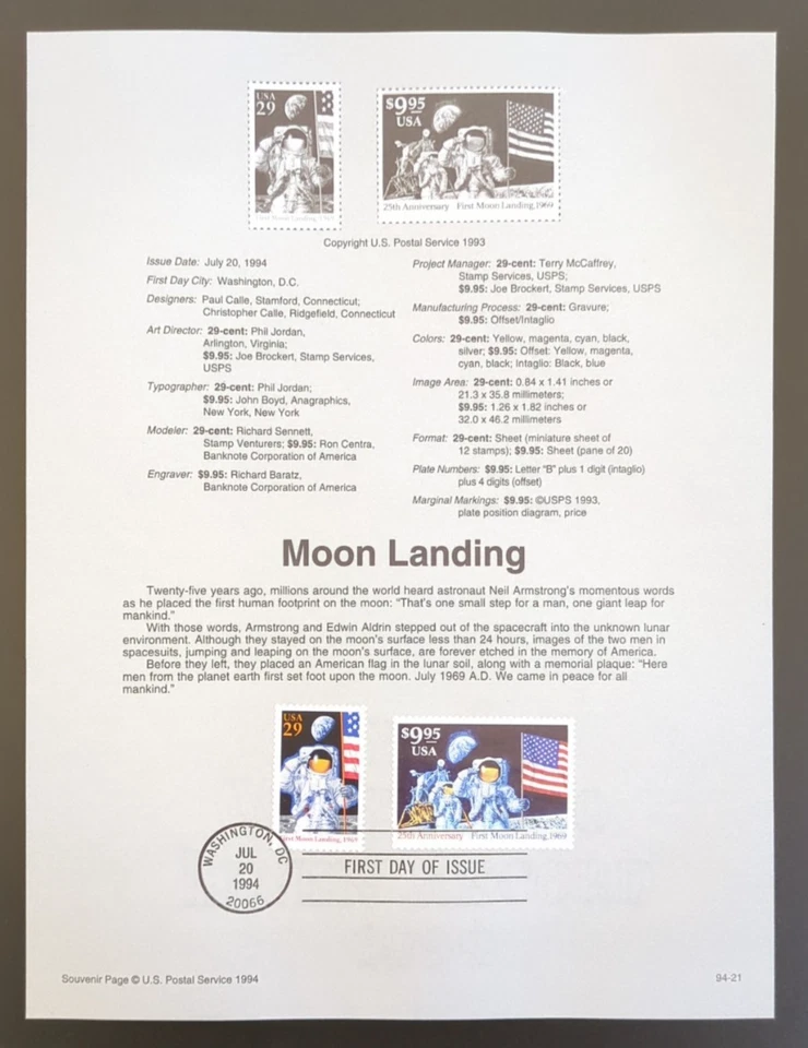 $9.95 & 29c Moon Landing 1994 SOUVENIR PAGE SCOTT # 2841-2842 SP1072 - Image 1 of 1