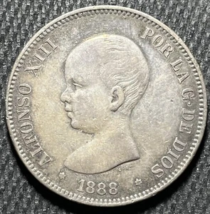 Crusty And Toned 1888 Spain Silver 5 Pesetas - Picture 1 of 4
