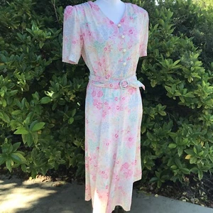 Vintage 1950’s Shirtwaist Belted Button Front Short Sleeve Dress Floral Size 7/8 - Picture 1 of 9