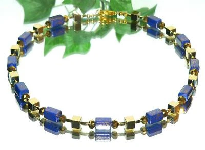Halskette Würfelkette Modeschmuck Kette blau gold hellblau dunkelblau  404s - Bild 1 von 3
