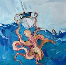 JOSE TRUJILLO Oil Painting IMPRESSIONISM Collectible ORIGINAL Octopus Boat Sea