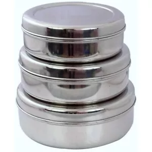 Stainless Steel 3 PC PURI DABBA SET Cake Biscuit Canisters/Storage Containers UK - Picture 1 of 3