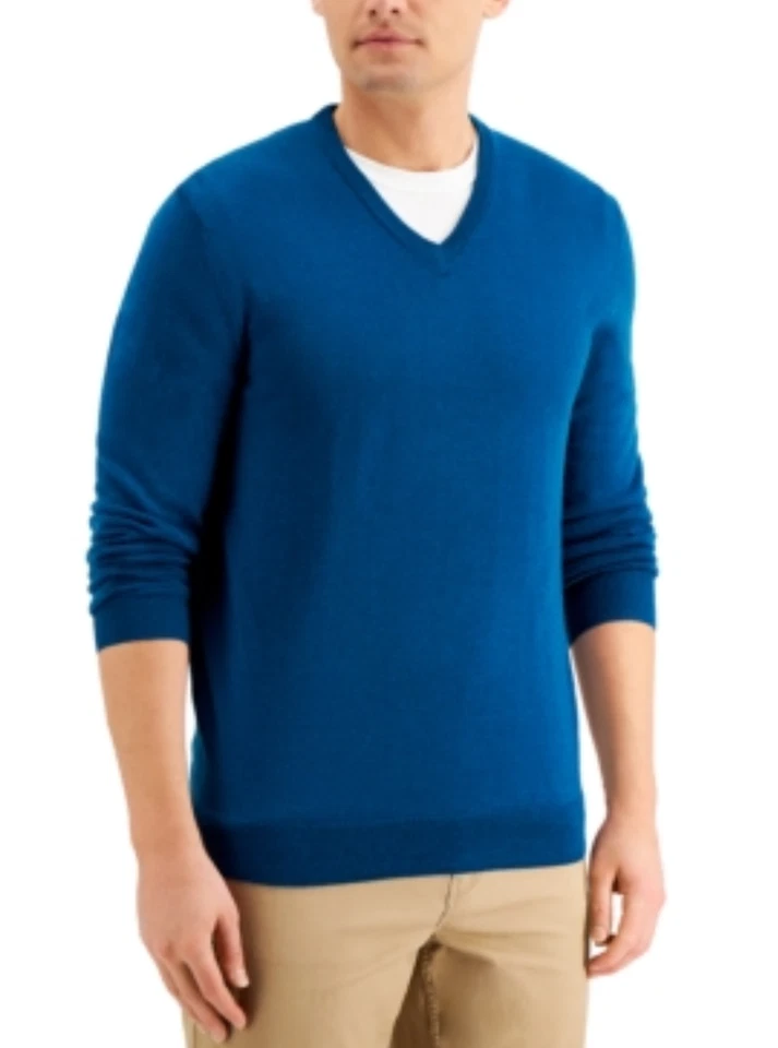 Club Room Majestic Teal Blue V-neck Wool Blend Knit Pullover Sweater Size Small