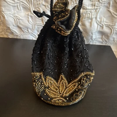 Vintage BLACK BEADED Drawstring SILK EVENING BUCKET BAG POUCH Purse  - Image 1 of 4