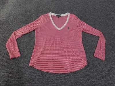 Camisa Ralph Lauren Para Mujer Mediana Rosa Blanca Rayas Manga Larga Cuello en V Poni Top Foto 1 de 4
