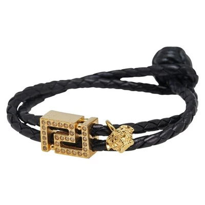 Pulsera VERSACE Logo Estrás Cuero Chapado en Oro Negro Damas Usada Foto 1 de 4