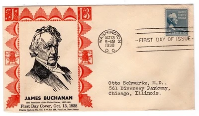 #820 Presidential Series 15c James Buchanan 1938 FDC - Pilgrim - Image 1 of 2