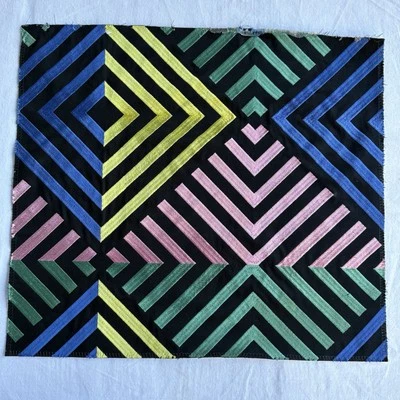 Designer Fabric Sample Embroidered Graphic Black w/ Bright Stripes 15 in x 14in - Image 1 of 3