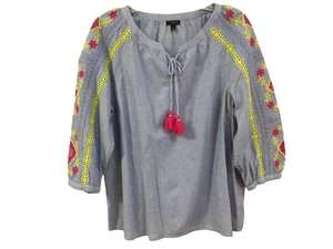 Talbots Women Petite Lp Pullover Top Blouse Chambray Blue Pink Yellow Embroidery - Picture 1 of 6