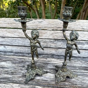 Vintage Set of 2 Italian Metal Brass Boys Candle Candlestick Art Nouveau 10" - Picture 1 of 11