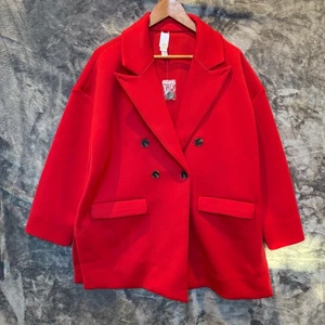 Wynne Layers Women's Sz Large Scuba Knit Soft Double Breasted Coat Blazer Red - Picture 1 of 10