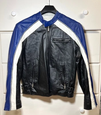 Wilsons Leather M. Julian Cafe Racer Mens (Sz L) Moto Jacket Black Blue White - Image 1 of 4