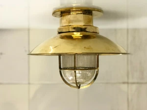 ANTIQUE RETRO STYLE BRASS BULKHEAD CAGE NAUTICAL CEILING LIGHT WITH BIG SHADE - Picture 1 of 10