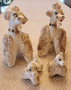 Lefton Family of 4 White SPAGHETTI POODLES ~ Dogs Puppies Mom Dad ~ Gold Trim - Picture 1 of 12
