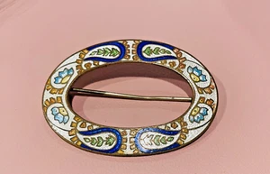 Vintage Art Nouveau Style Oval Enamel Flowers Leaves Pin Clasp Loose - Picture 1 of 7