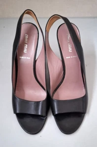 MIU MIU BLACK LEATHER SLINGBACK PEEP TOE HEELS. SIZE EU 38. WORN BRIEFLY - Picture 1 of 7