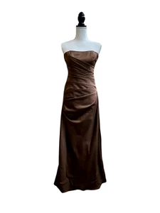 David's Bridal Womens Brown Satin Strapless Ruched Maxi Dress 4 - Picture 1 of 7