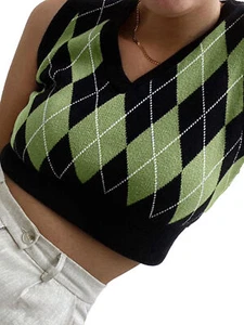 Womens Vest Argyle Sweater Knitted Crop Top Contrast Color Pullover Fashion - Picture 1 of 57