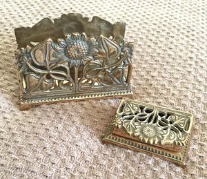 A VINTAGE ENGLISH BRASS, FLOWER-PATTERNED LETTER RACK + STAMP BOX, VGC - Picture 1 of 5