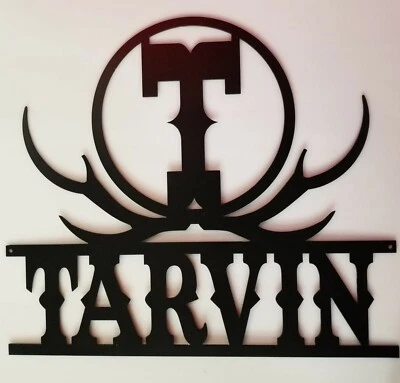 Metal Last Name Monogram 24" Wide Antler Rustic Western Plasma Hanging Sign - Image 1 of 3