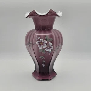 Vintage Fenton Hand Painted Purple Amethyst Overlay Rib Optic Vase - Picture 1 of 12