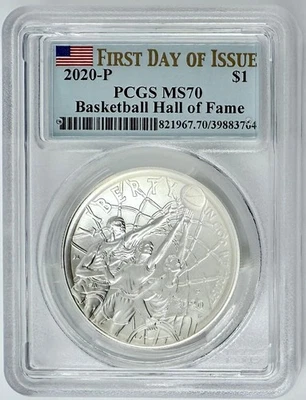 2020 P Basketball Hall of Fame Silver Coin $1 PCGS MS 70 First Day of Issue NBA - Image 1 of 2