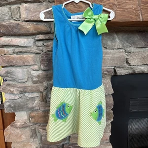 Rare Editions Sz 4 Seersucker& Knit Dress With Fish Appliqué Blue And Green - Picture 1 of 7