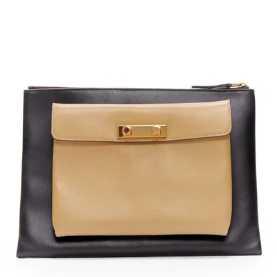 Bolso clutch MARNI beige negro cuero liso dorado hebilla doble cremallera de gran tamaño Foto 1 de 4