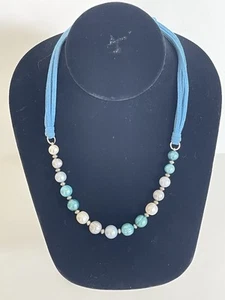 Honora Freshwater Pearl Choker Necklace Blue White Gray Graduated Suede Cord - Picture 1 of 4