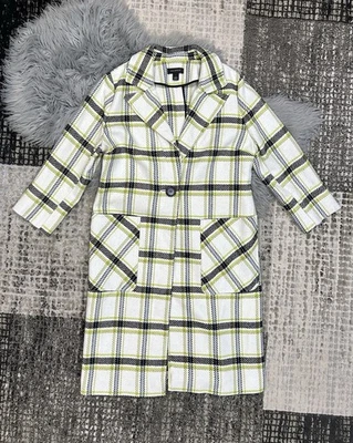Halogen Women's White/Green Plaid Long Fall Winter Coat Size Large - Image 1 of 4