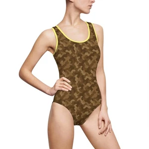 Urban Camo Women's Swimsuit, Brown Camo Pattern, One-Piece Swimwear - Picture 1 of 41