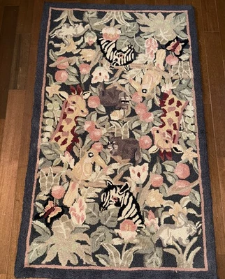 Vintage Jungle & Animals  Handhooked Needlepoint Wool Rug Black - Image 1 of 4