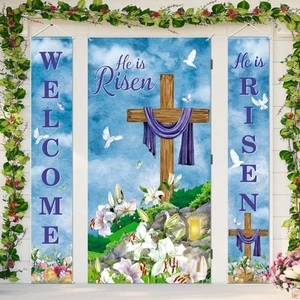 3 Pieces Happy Easter Day Decorations He is Risen Porch Banners and Easter Do... - Picture 1 of 7