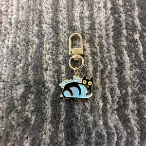 Black Cat Enamel Bag Charm Kitten Big Blue Leaf Clip On Charm Cat Lady Gift New - Picture 1 of 4