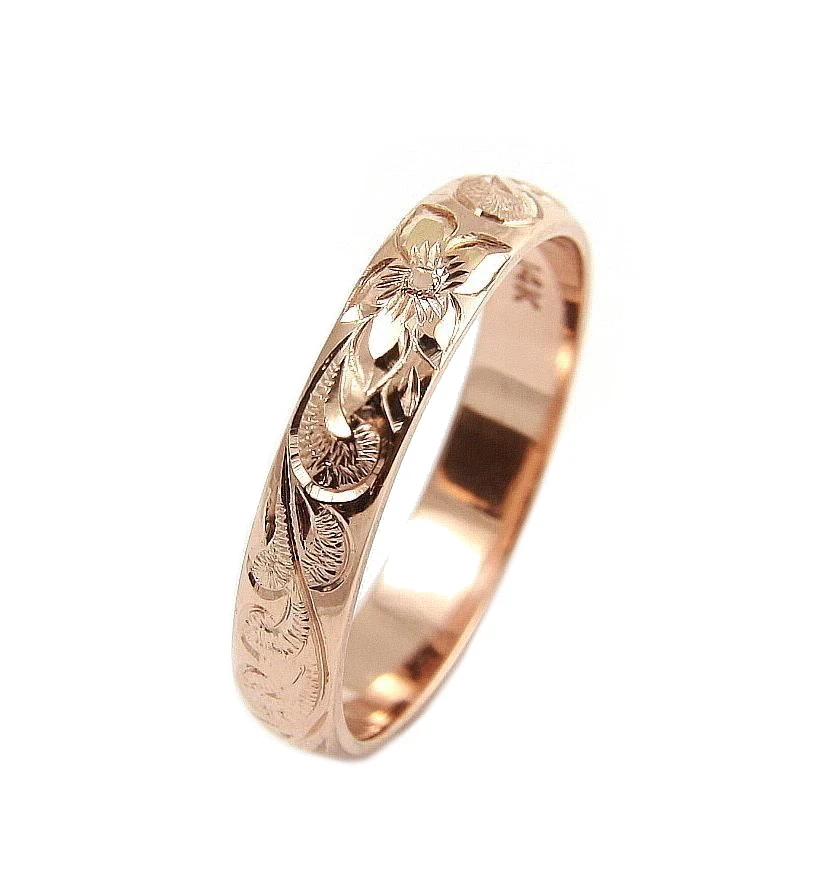 ANILLO BANDA PERGAMINO REINA PLUMERIA HAWAIANA GRABADO A MANO PERSONALIZADO ORO ROSA 14K 4 MM Foto 1 de 4