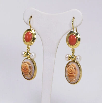 ORECCHINI IN ARGENTO 925 DORATO CON PERLE CAMMEI ROSE E CORALLO AGHT 0691 - Immagine 1 di 2