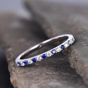 0.40 Ct Sapphire Half Eternity Wedding Band, Sterling Silver Band Gift For Her - Picture 1 of 9