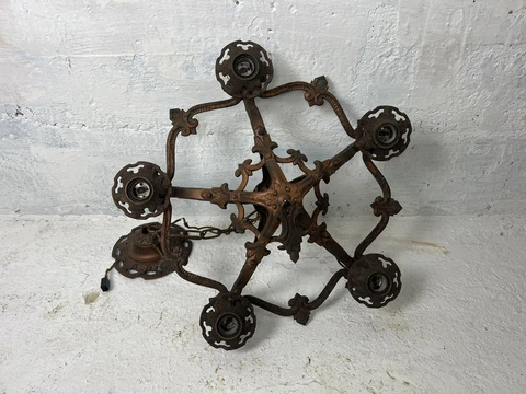 Antique 1920's ART DECO Ceiling Light Fixture CHANDELIER Polychome Cast Metal Cover