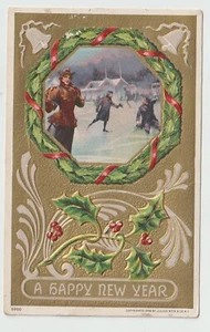1909 New Year Postcard People Skating inside of Wreath Bells Holly with Berries - Bild 1 von 2