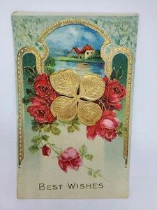 Best Wishes Four Leaf Clovers Good Luck Postcard Embossed Germany 1913 - Picture 1 of 2