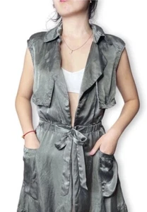 BEBE Y2K Silky Satin Olive Green Tunic Trench Safari Vest NWT MSRP $139 Sz Small - Picture 1 of 9