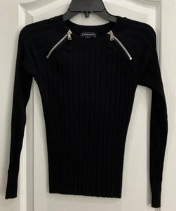 INC Women's Pullover Sweater Top Sz S Black Corrugated Zip Neck Long Sleeve 114 - Picture 1 of 8