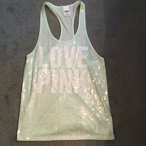 NEW VICTORIA'S SECRET "PINK" TANK SEAFOAM GREEN W/ WHITE SEQUINS "LOVE PINK" S - Picture 1 of 3