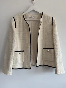 Mango Soft Tweed Jacket Size XL Off-white Color With Black Trim - Picture 1 of 7