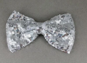 Silver sequin big BOW 5.5" wide barrette hair clip gator claw kawaii fabric bow - Picture 1 of 6