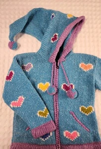 Handmade Native Knit Child Zip Cardigan Hoodie Gnome Hearts Rainbow Wool Cotton - Picture 1 of 5