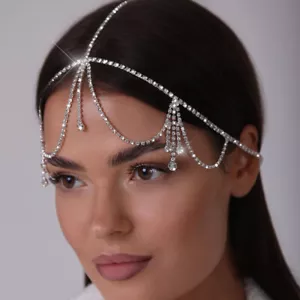 Women Forehead Rhinestone Tassels Droplet Jewelry Ball hair Chain Veil 30021 - Picture 1 of 10