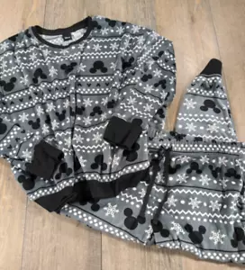 Disney Set Pigiama Donna Grande Nero Bianco Pile Topolino Fiocco di Neve Vacanze XMas - Foto 1 di 10