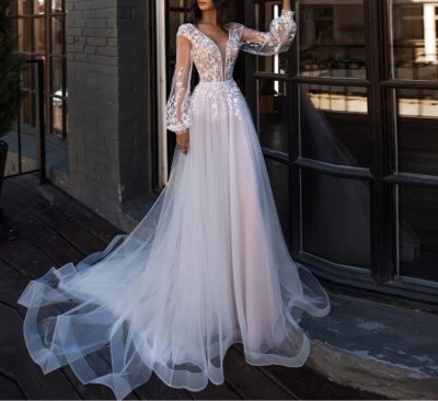 Plus Size Wedding Dresses Deep V-neck Long Sleeves Tulle Appliques Bridal Gowns - Image 1 of 4
